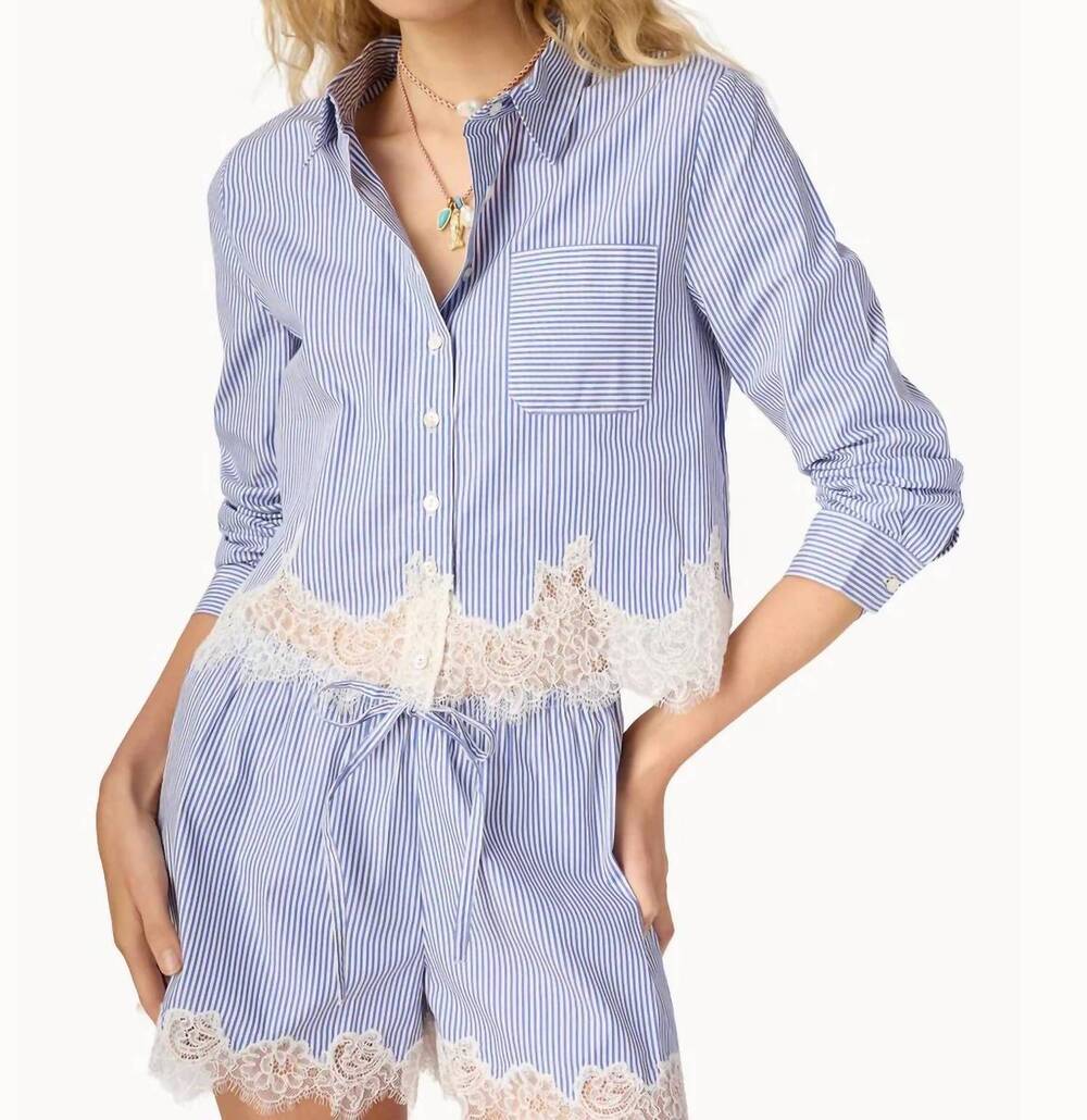 NEW CAMI NYC luisa cropped button down cotton poplin top in blue stripe